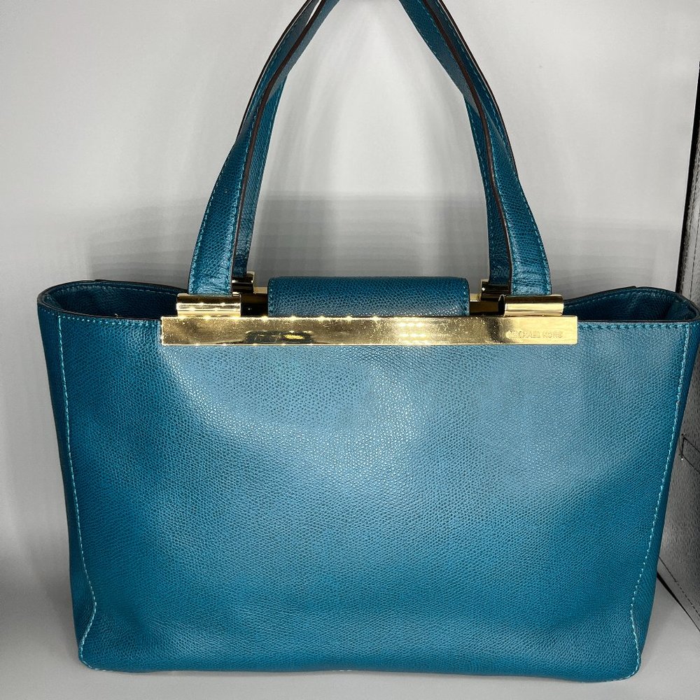 MICHAEL KORS TILDA LARGE DEEP TEAL TEXTURE LEATHER TOTE BAG PURSE WITH GOLD TONE